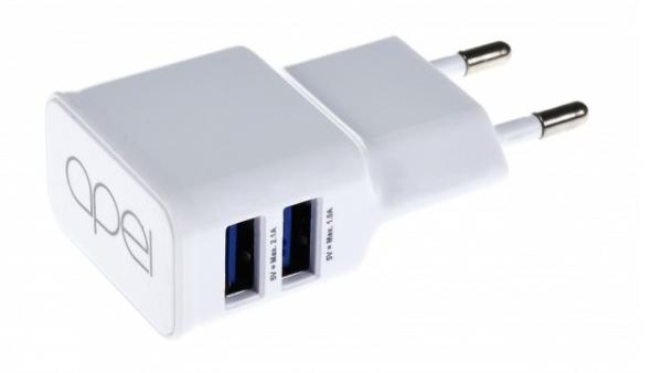 Napájecí adaptér do zásuvky 230V, pro tablety, mobily, USB 1x 5V/2.1A a 1x 5V/1A, MicroUSB kabel v balení.