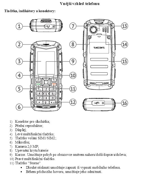 Podrobný grafický popis tlačítek a vstupů mobilního telefonu FlameFox Dual-Sim.
