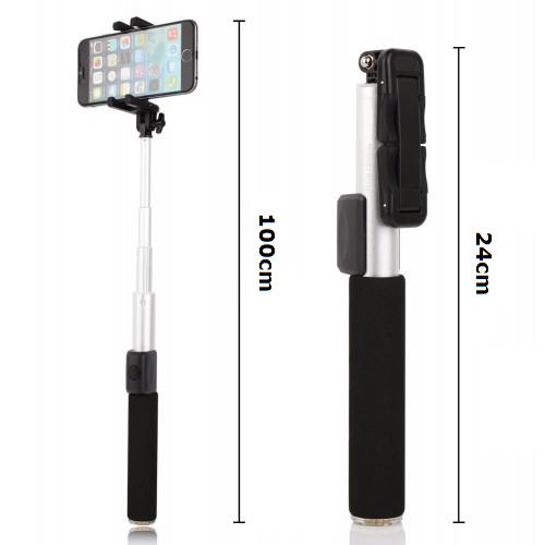 Selfie tyč má nastavitelnou velikost v rozmezí 24-100cm a fotografie se pořídí jednoduše stisknutím dálkového ovládání.