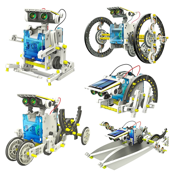 Obojživelná solární stavebnice je plná jedinečných doplňků a dílků, díky kterým si můžete sestavit až 14 různých modelů robotů.